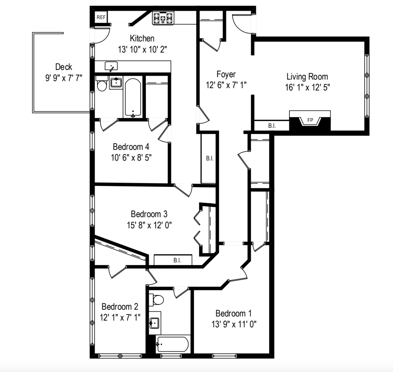 Floor plan for 4 beds, 2 baths, 1537 sqft